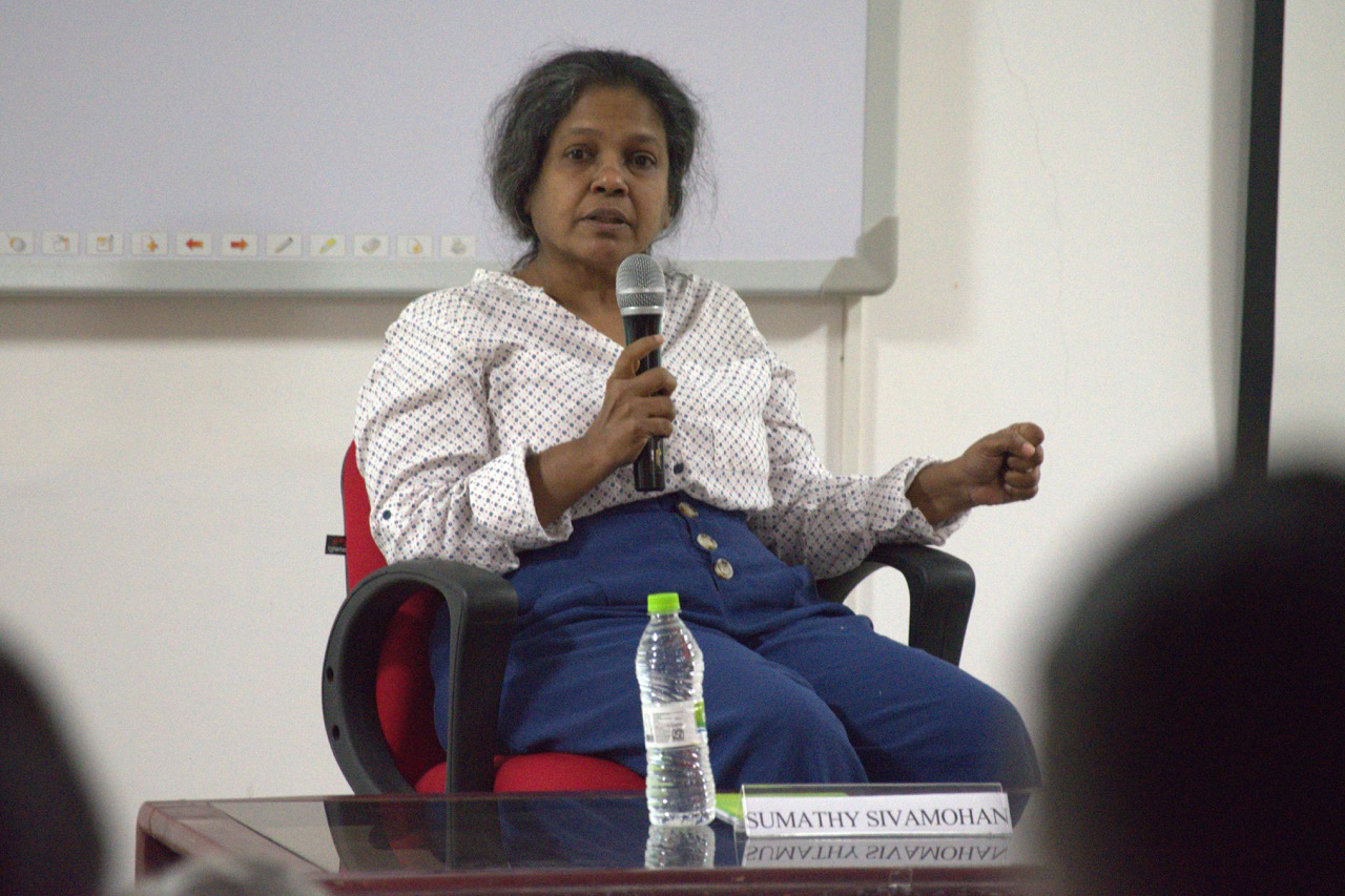 Sumathy Sivamohan, Director of Amid the VIllus takes questions post screening at University of Hyderabad